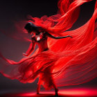 Fiery red dress dancer surrounded by dramatic flames