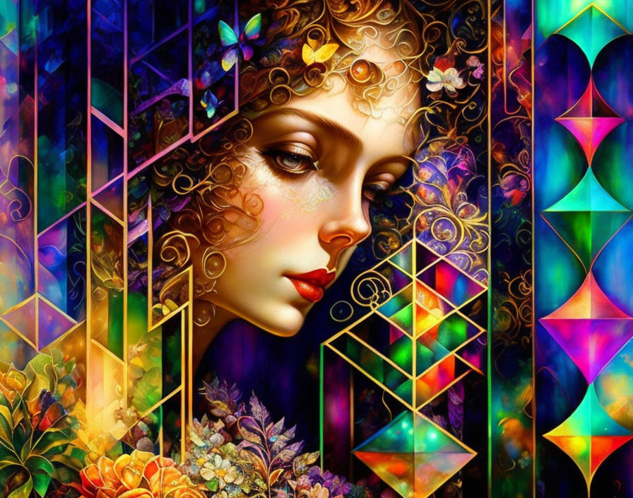 Colorful Digital Art: Woman's Profile with Floral & Geometric Patterns