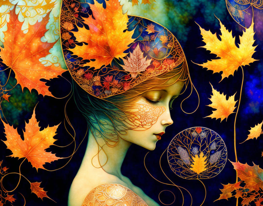 Woman in Autumn Leaves with Intricate Patterns