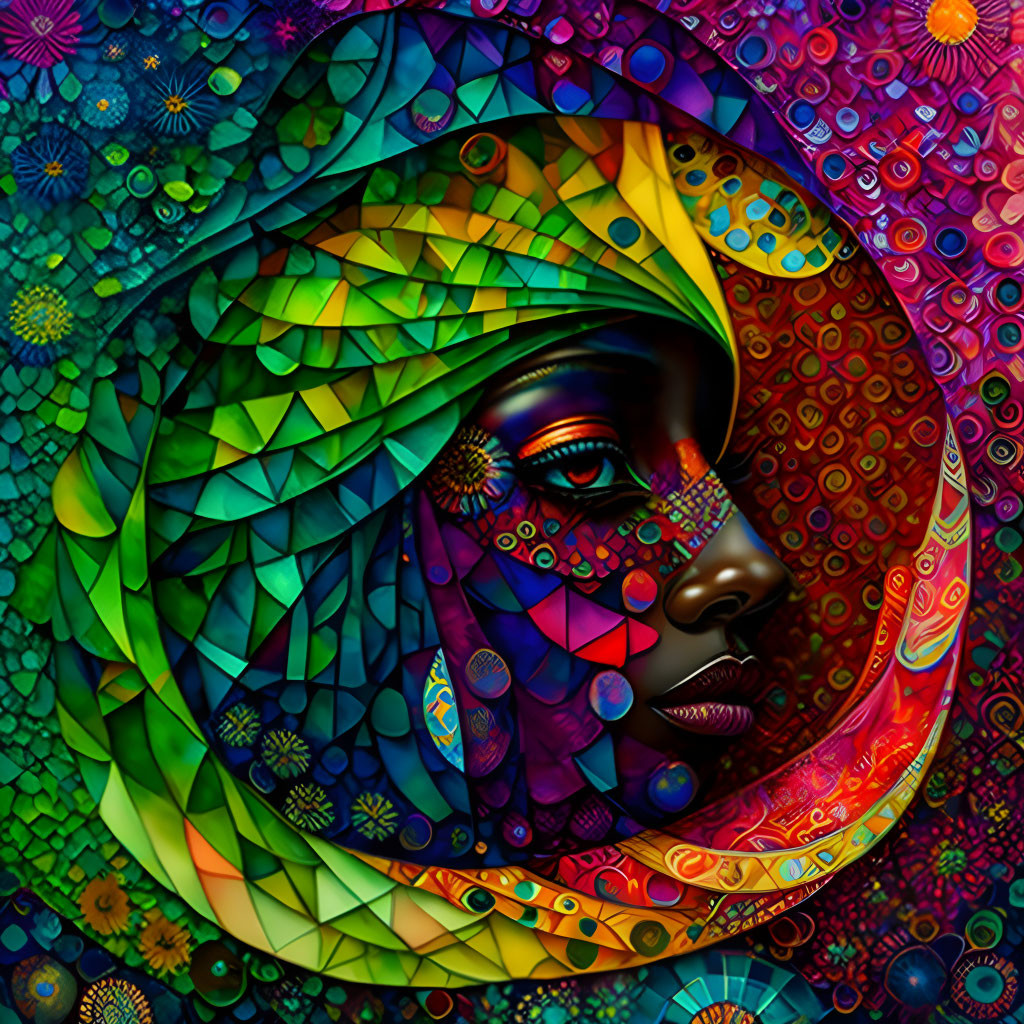 Colorful digital artwork: Woman's face with celestial moon motif