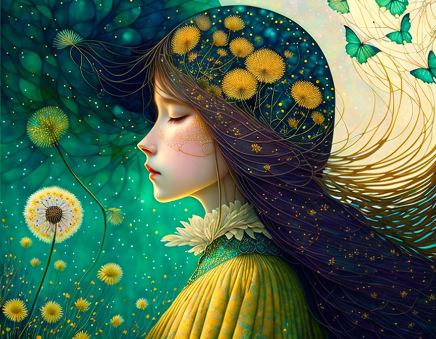 Woman with Dandelion Flowers and Butterflies: Serene Fantasy Scene