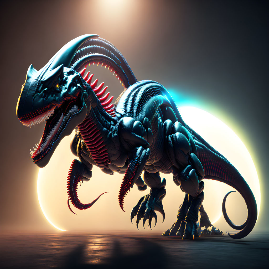 Metallic dragon with sharp claws and intricate exoskeleton by glowing orb