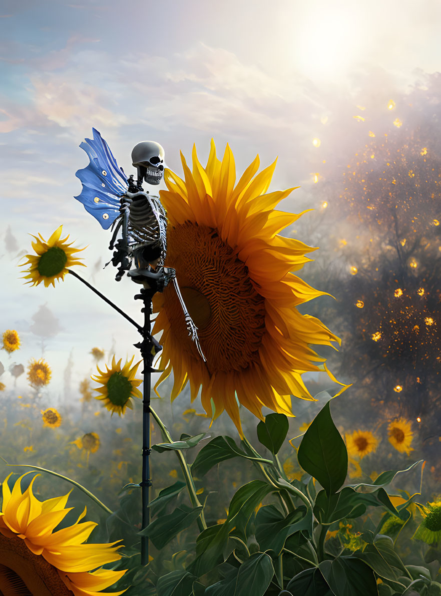 Skeleton with Butterfly Wings on Sunflower in Sunlit Field