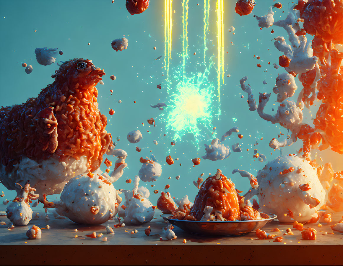 Giant Chicken Nugget Creature in Exploding Nugget Scene