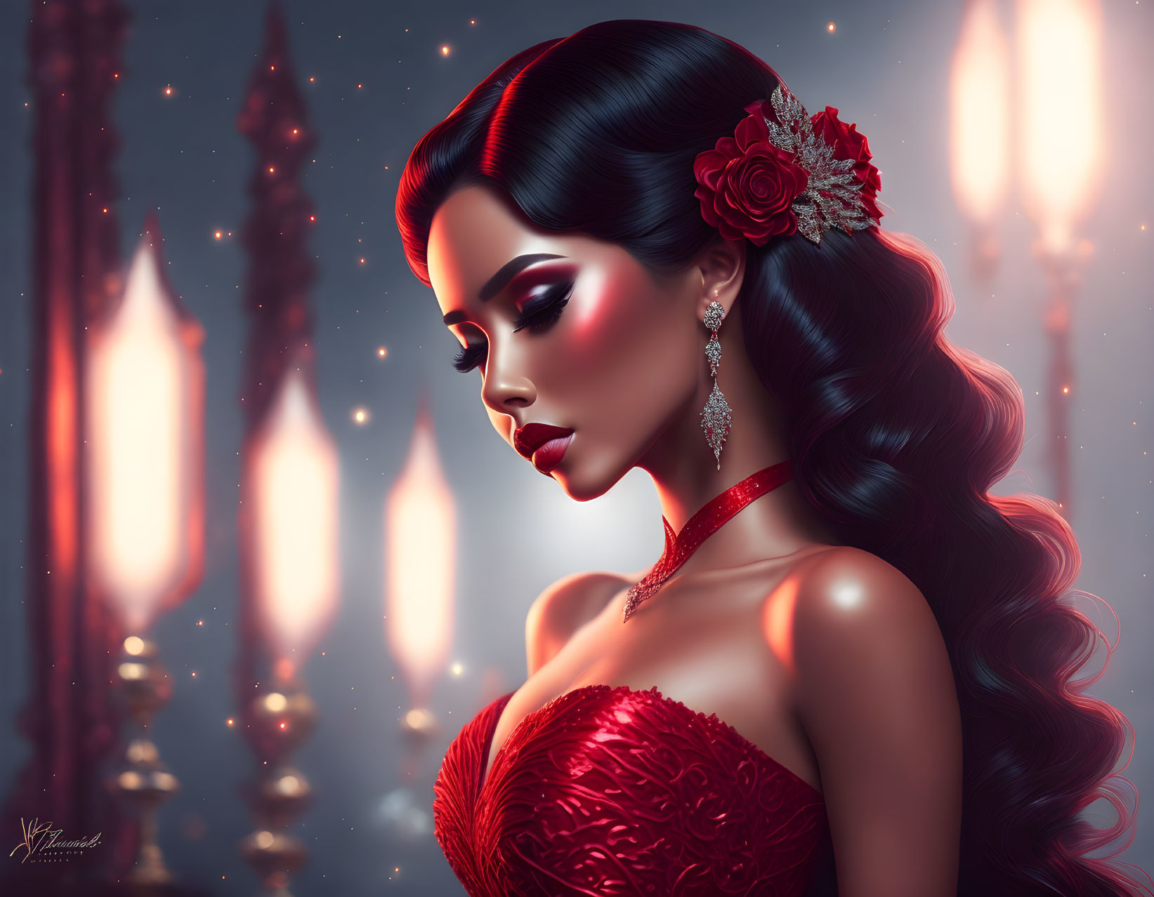 Digital artwork: Woman in red dress with floral hair, candlelit ambiance, intricate makeup & jewelry.