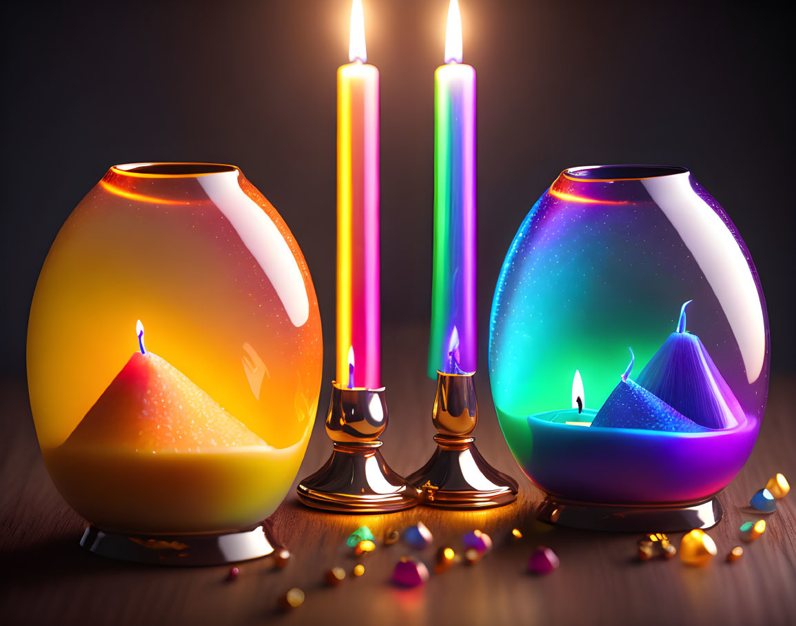 Colorful Glittery Glass Candle Holders and Lit Purple Tapered Candles with Brass St