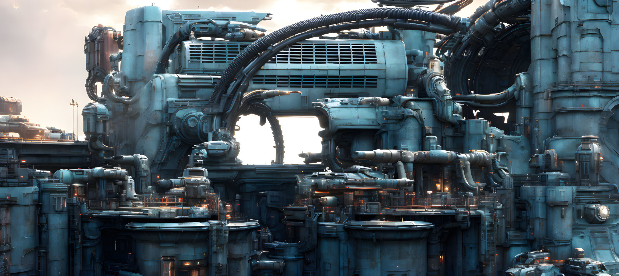 Futuristic industrial complex with machinery, pipes, and structures