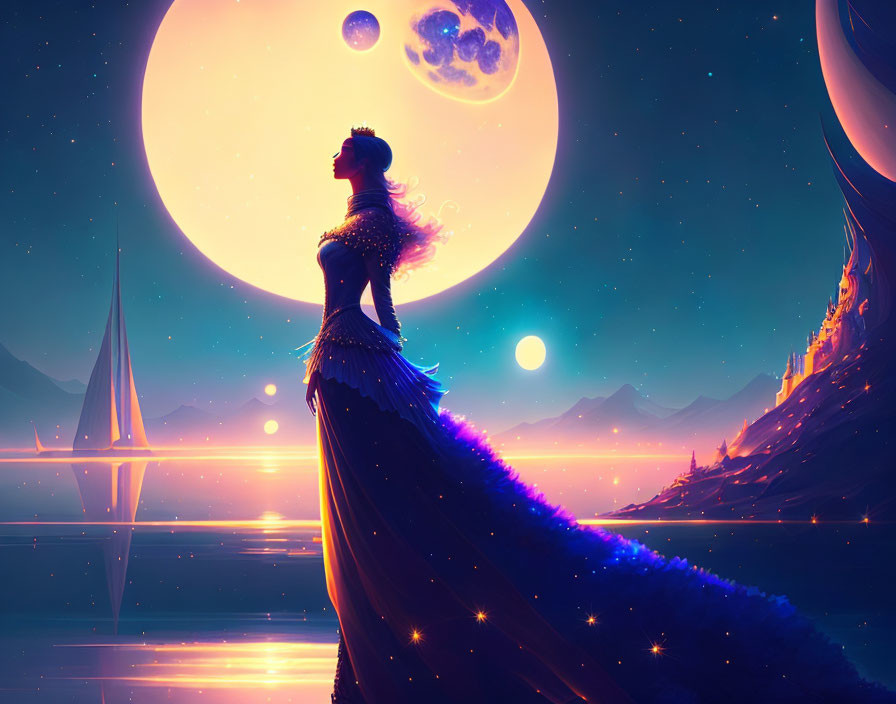 Woman in elaborate gown gazes at celestial scene with multiple moons and stars.