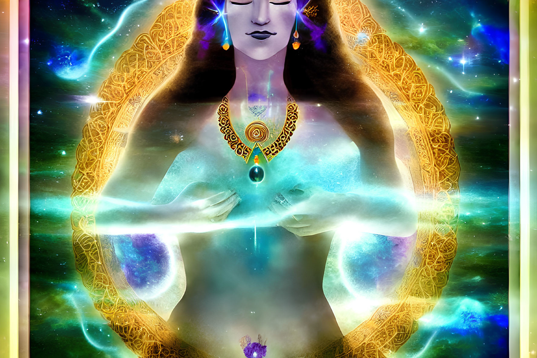 Digital Artwork: Serene Celestial Woman with Cosmic Motifs