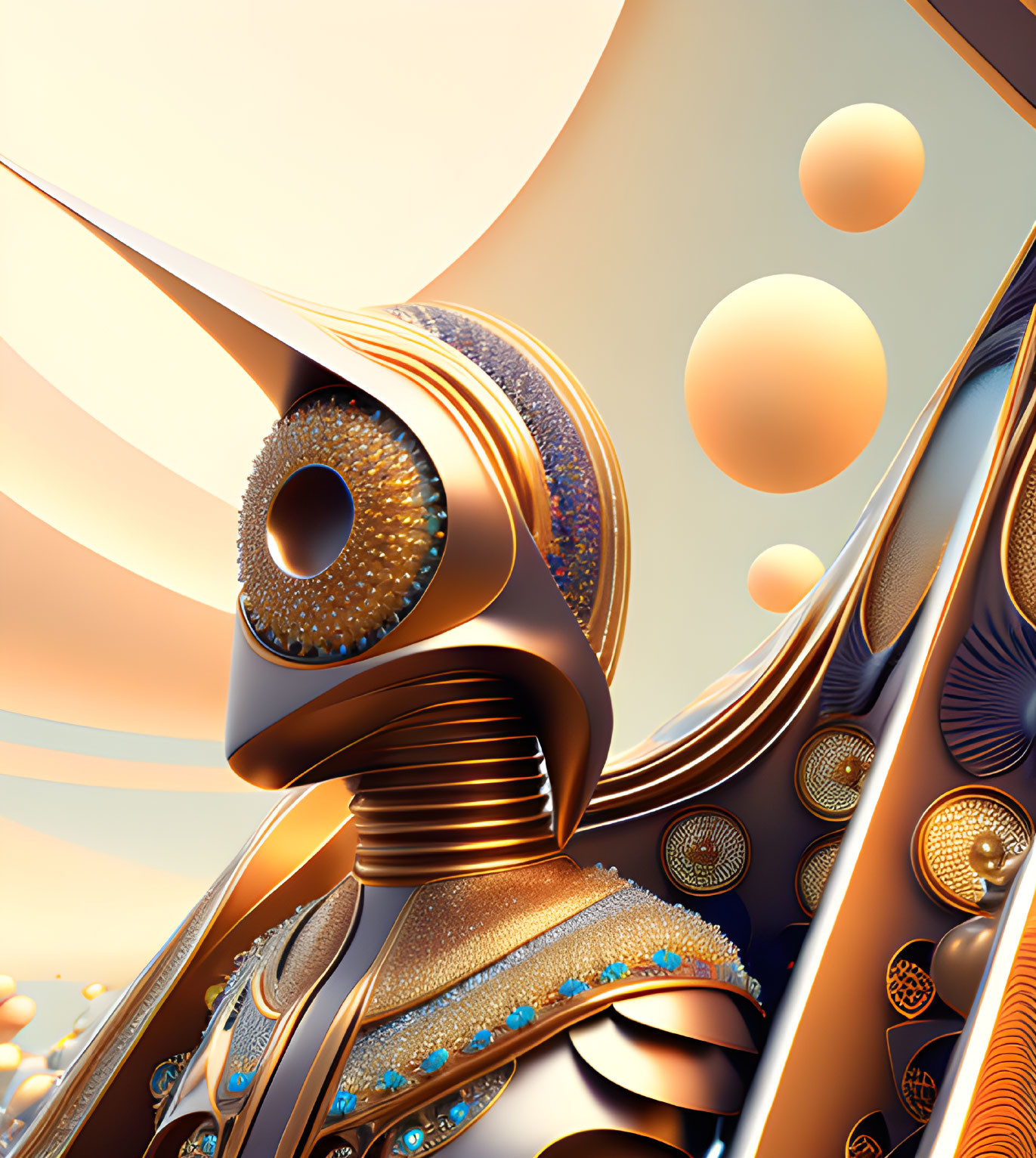 Abstract digital artwork: Metallic figure with intricate patterns on creamy background.