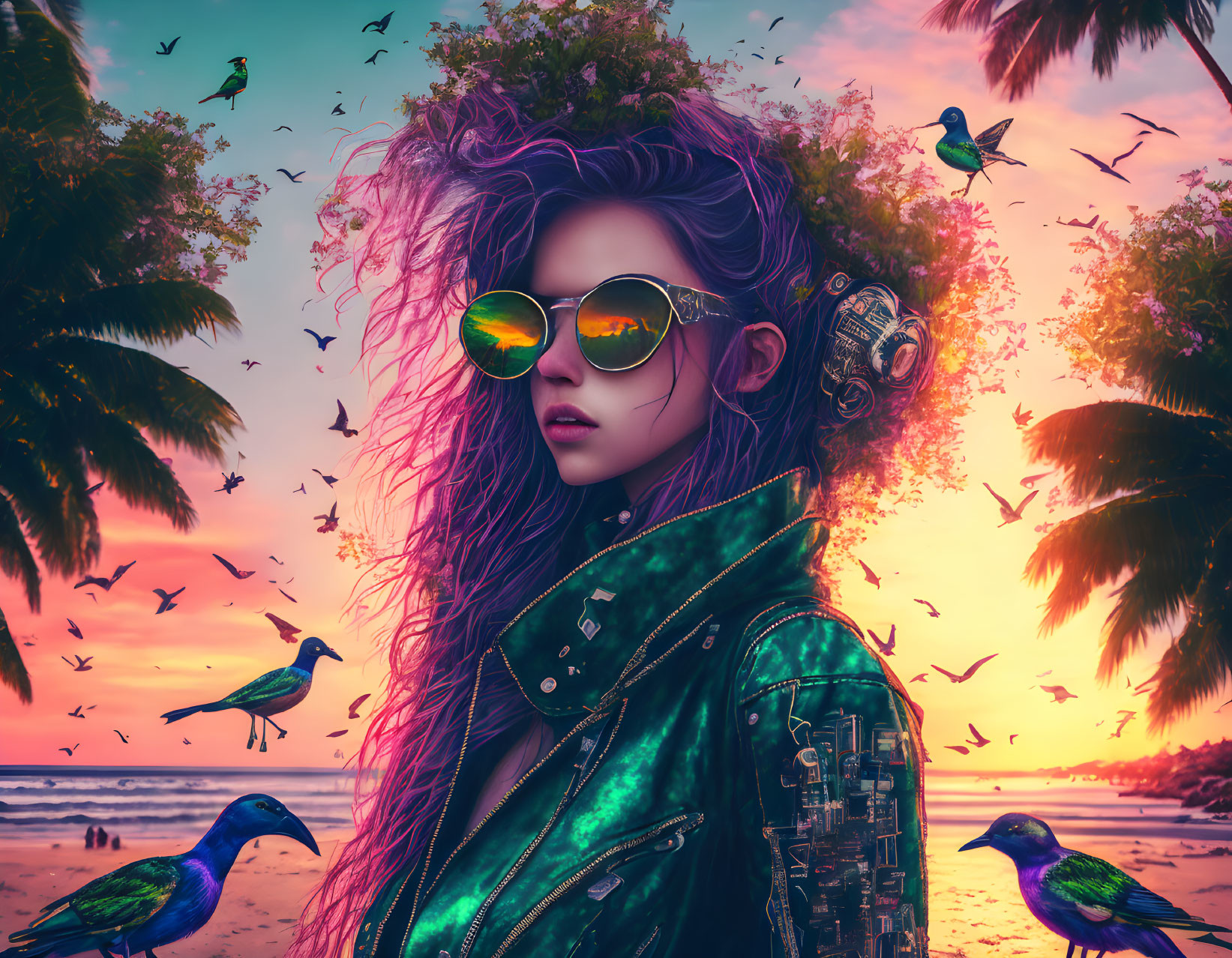 Vibrant purple-haired woman with sunglasses and headphones on tropical beach at sunset