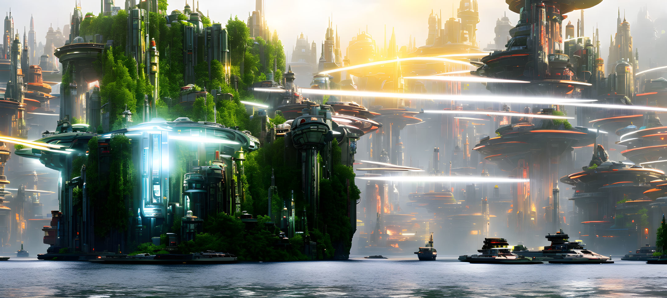 Futuristic cityscape with skyscrapers, greenery, lights, and flying vehicles