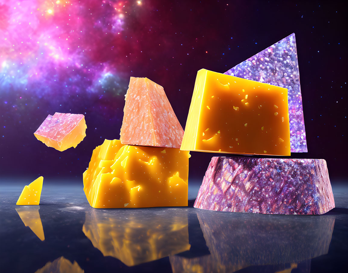 Assorted cheeses on reflective surface under starry sky