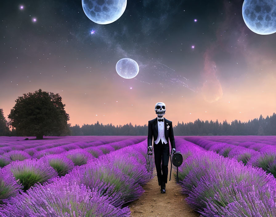 Skeleton in Tuxedo Strolling in Lavender Field at Twilight