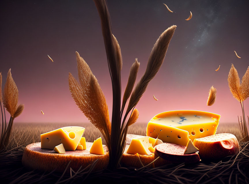 Swiss Cheese Slices on Wheat Field Under Twilight Sky