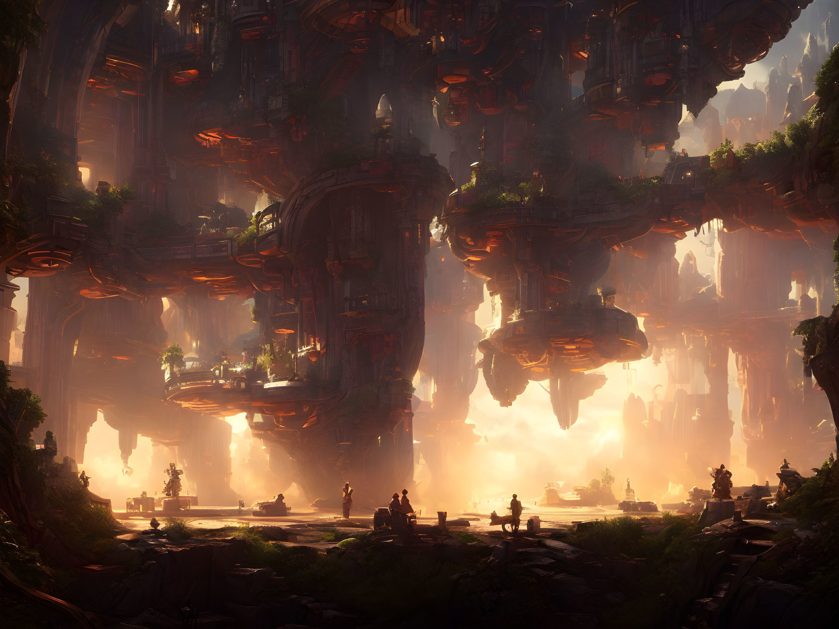 Fantasy landscape with upside-down towers and giant trees