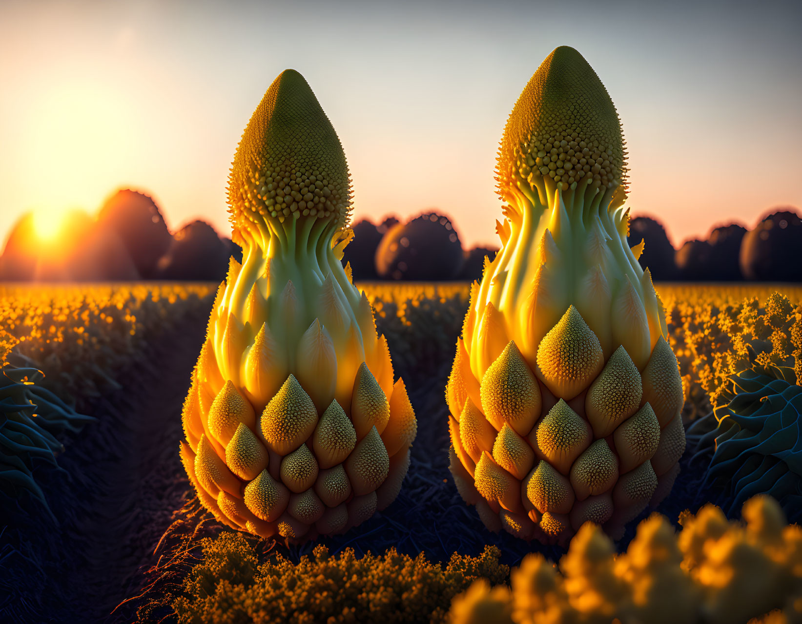 Surreal corn-like structures in field at sunset