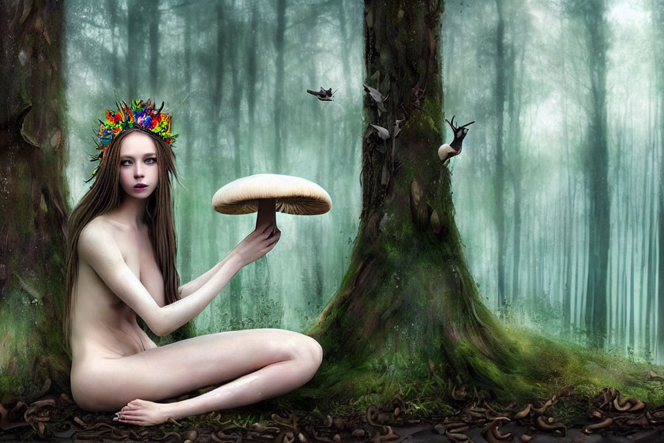 Woman wearing floral crown in mystical forest with large mushroom, birds, and misty trees.