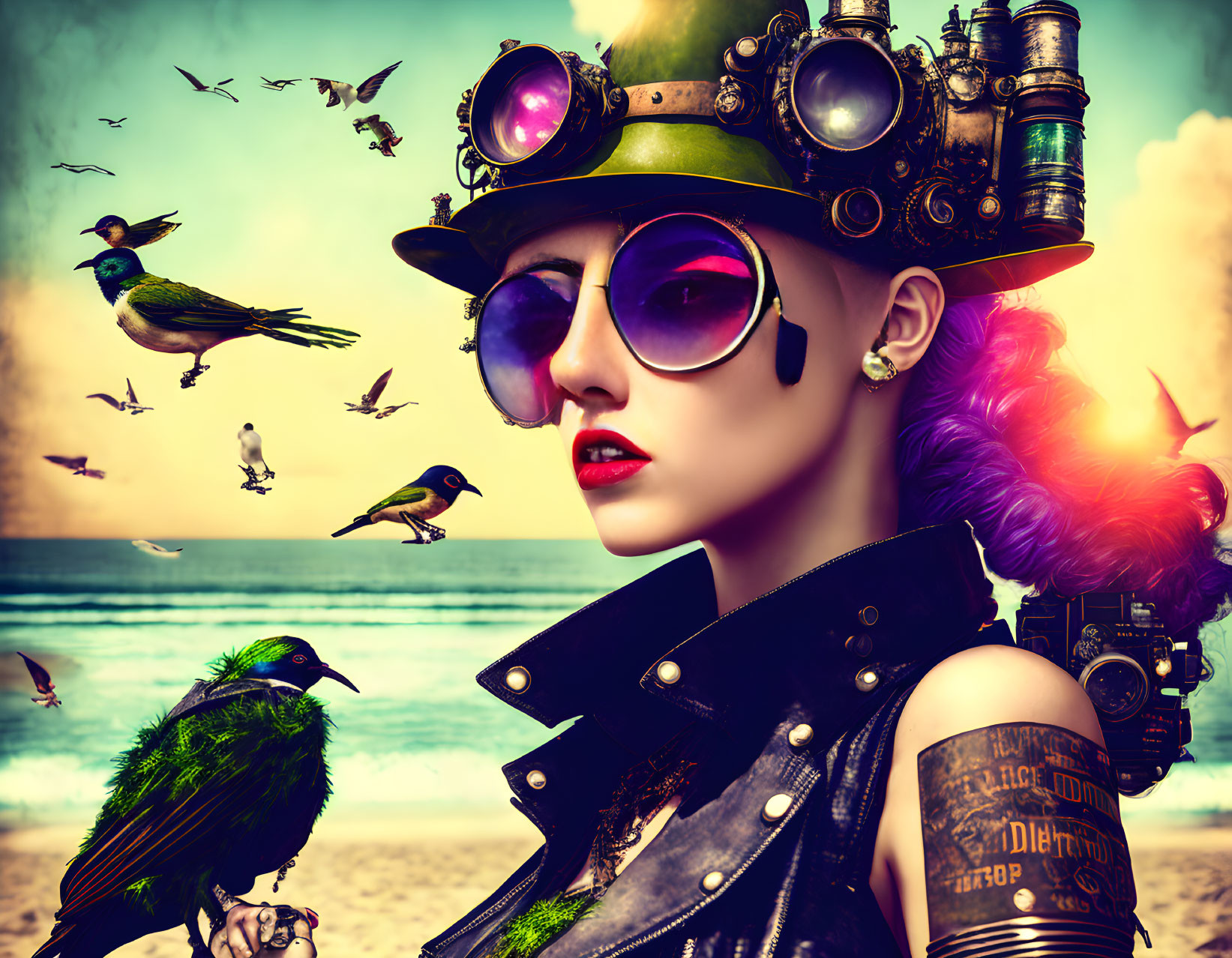 Steampunk-styled woman with top hat, goggles, colorful hair, tattoos on beach with birds