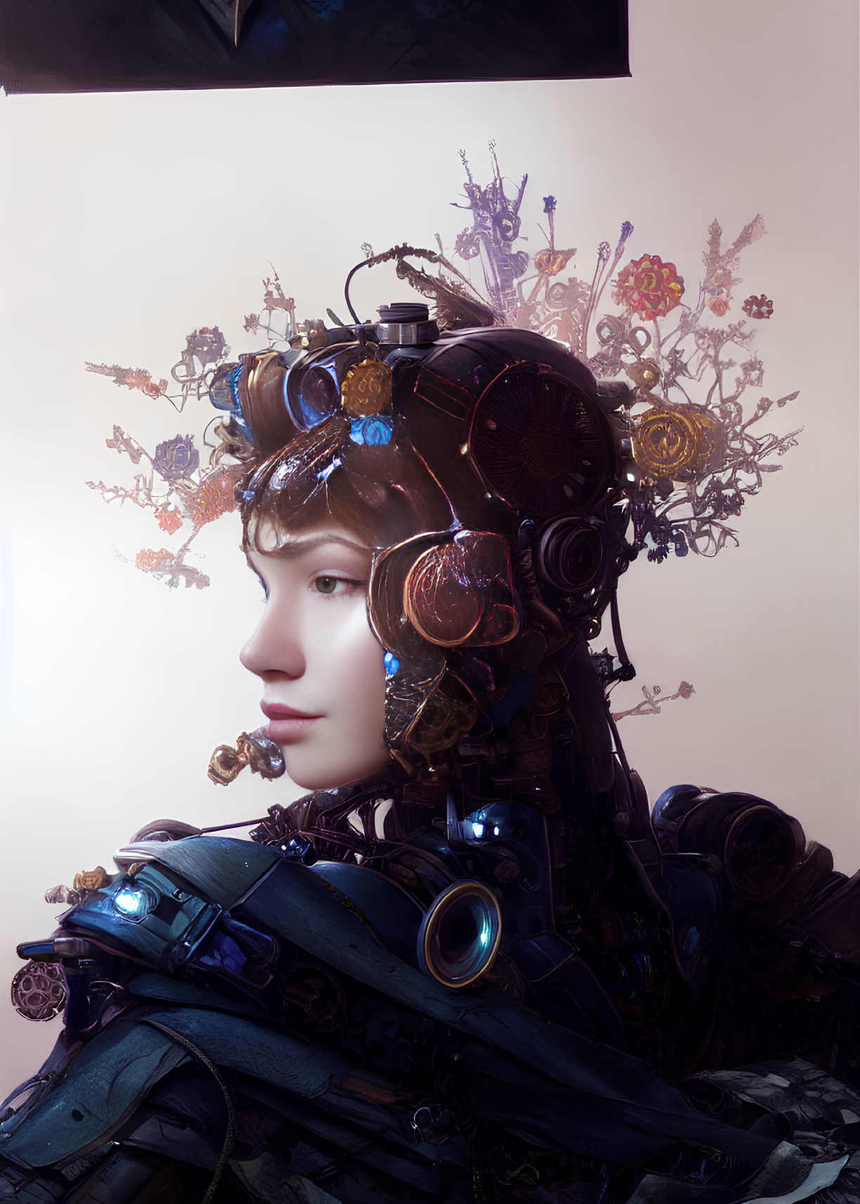 Futuristic steampunk digital artwork of woman with intricate mechanical headdress