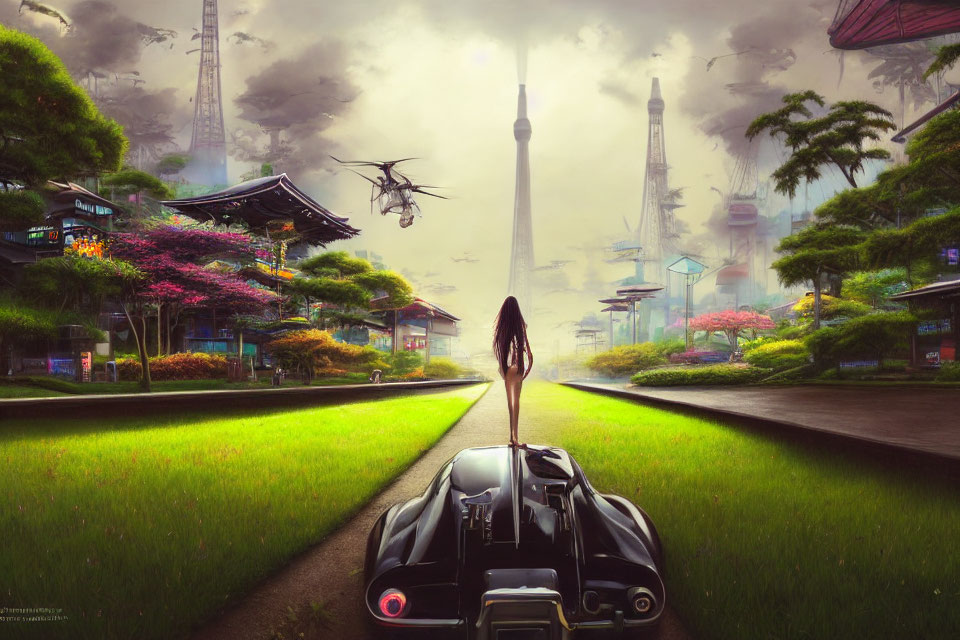 Futuristic vehicle and person in lush green cityscape