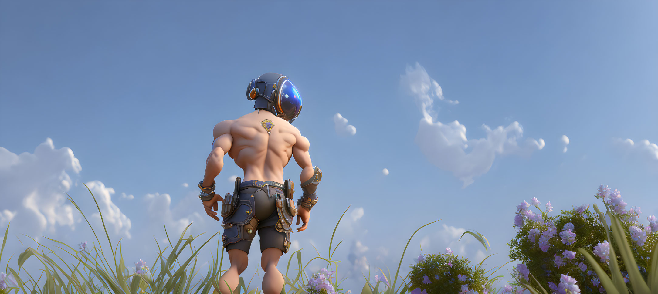 Shirtless animated character with futuristic helmet in grassy field