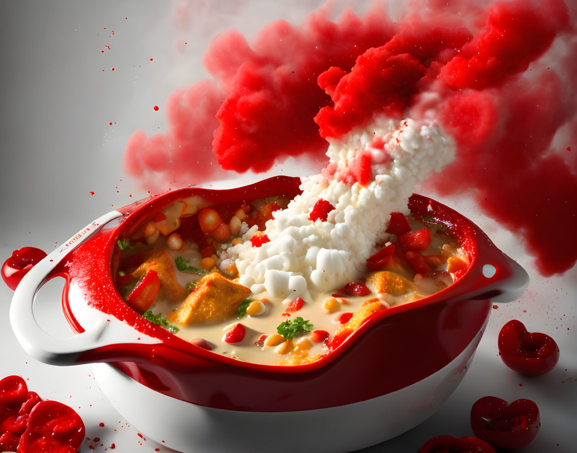 Stylized red casserole dish overflowing with lava-like food mix and heart-shaped smoke plumes