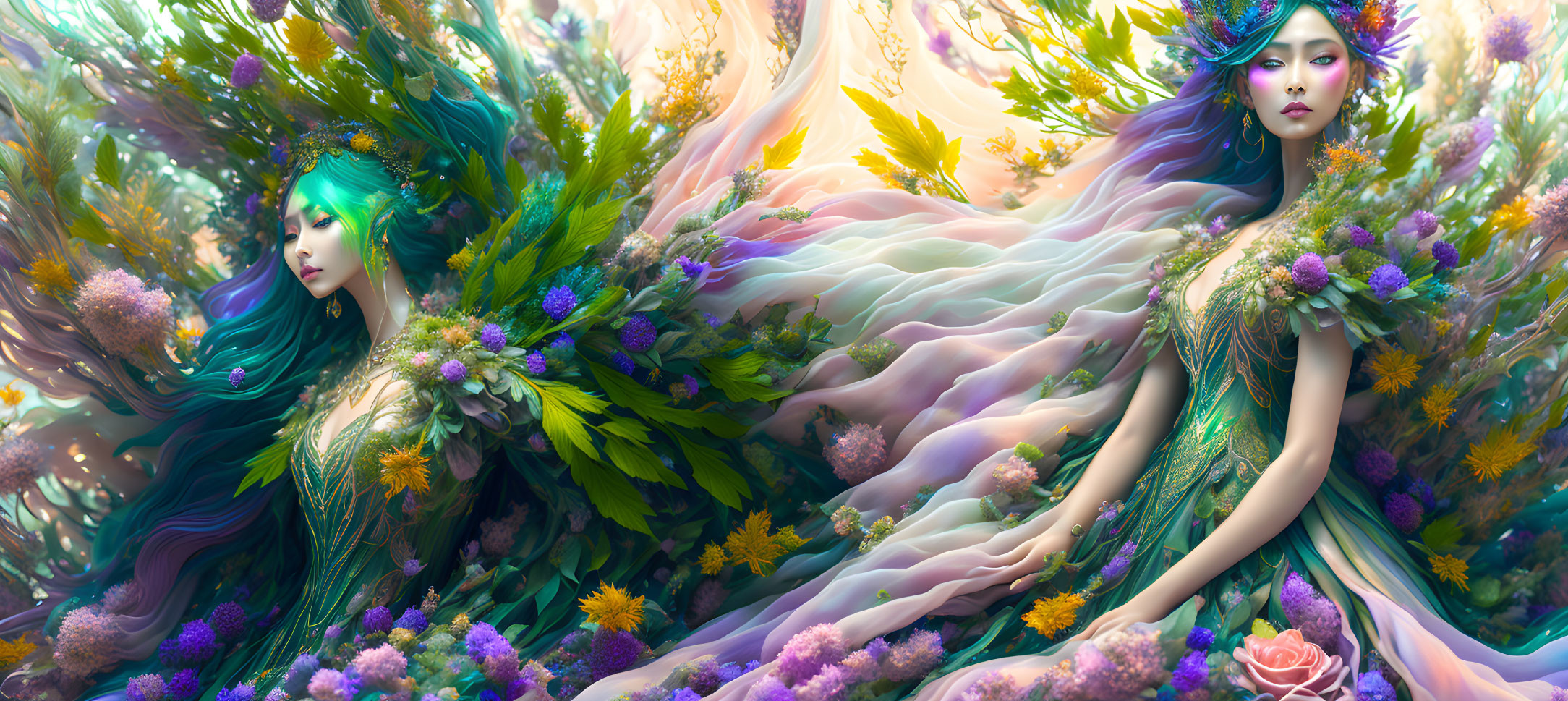 Ethereal female figures with flowers and peacock feathers in fantastical landscape