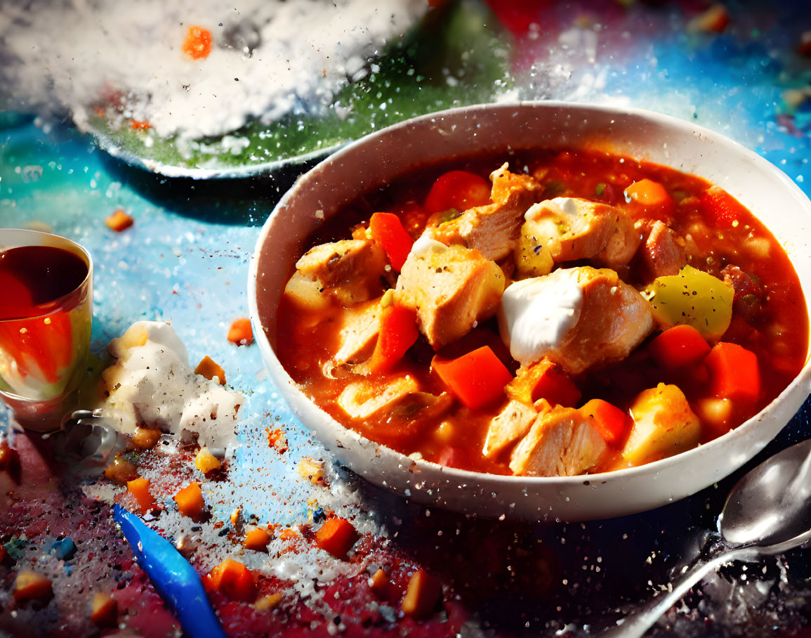 Hearty stew with meat and veggies, sour cream, red wine on messy table