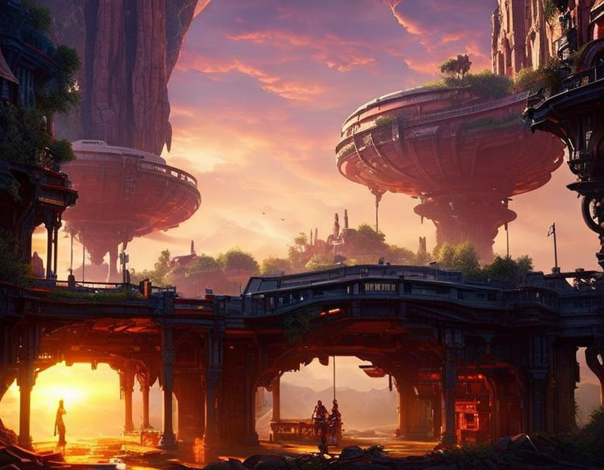 Futuristic cityscape with towering structures and glowing sunset.