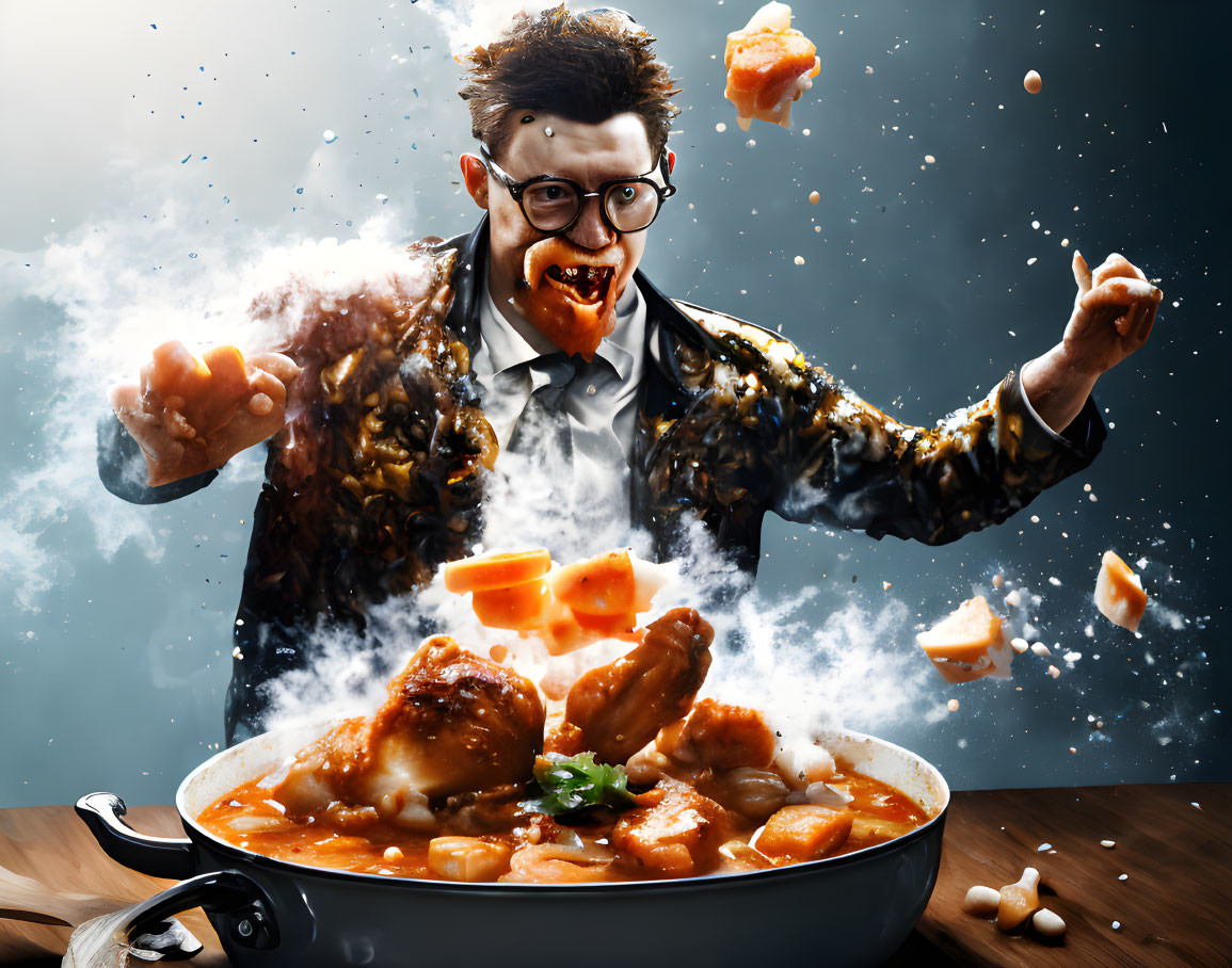 Man in Suit Playfully Submerged in Pot of Stew