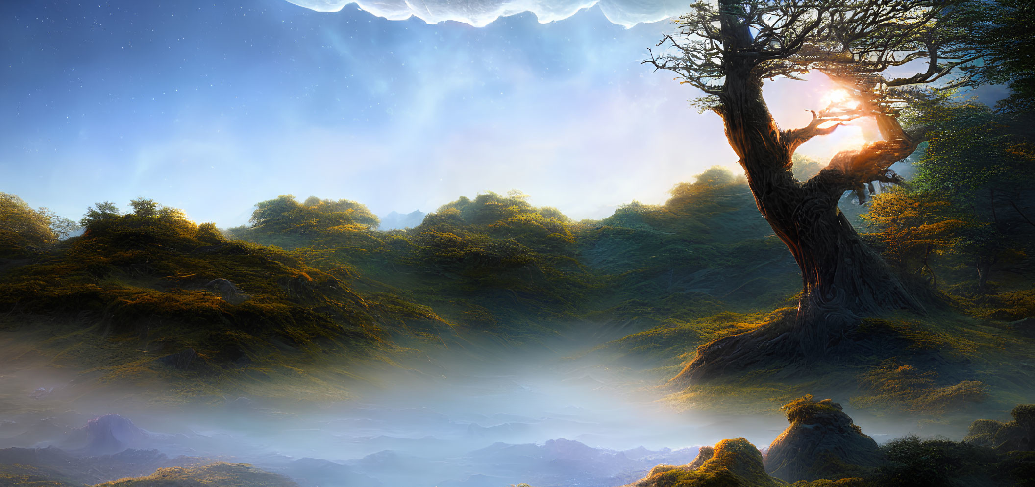 Sunlit tree on misty hill in mystical landscape