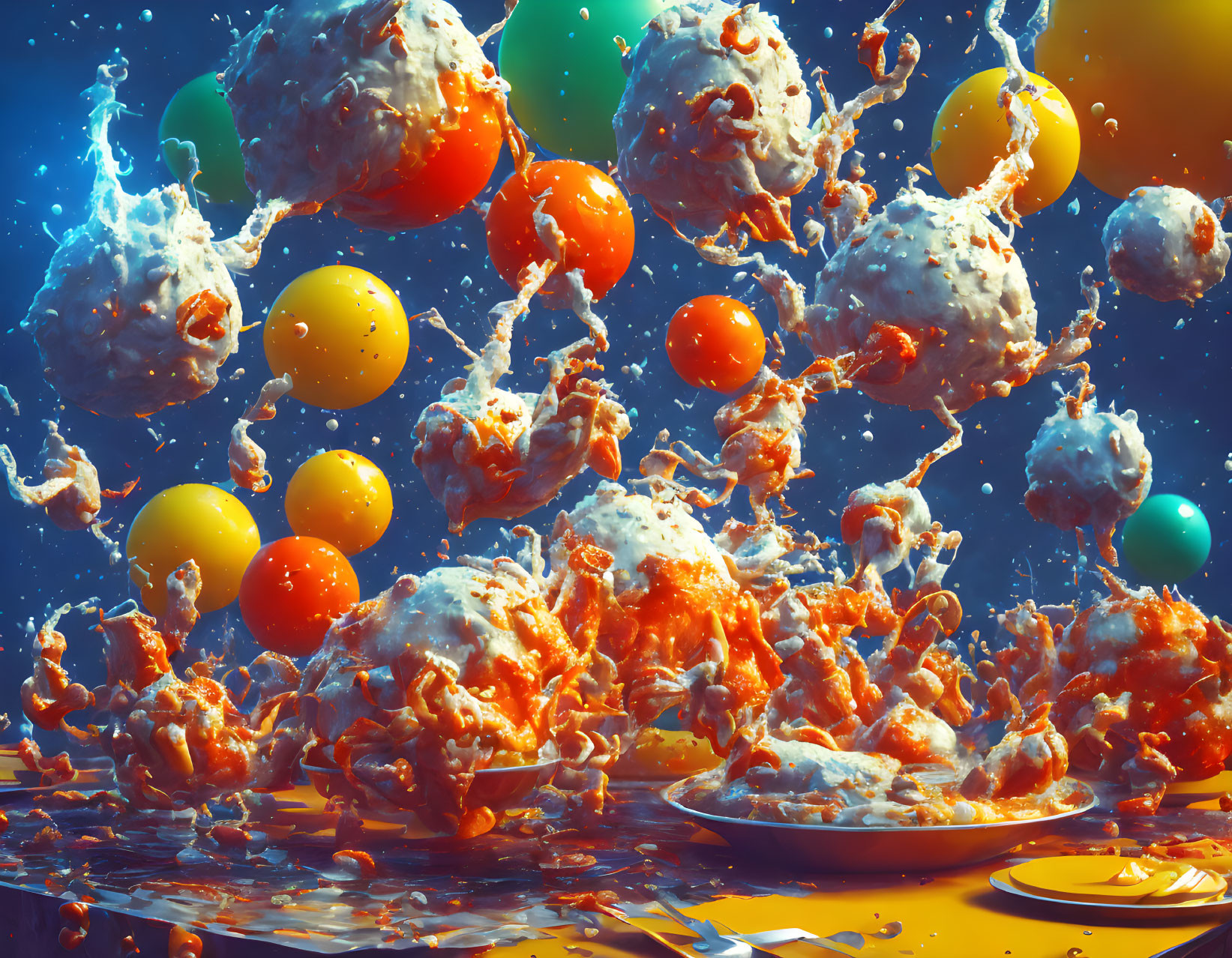 Vibrant balloons in orange and cream on blue background