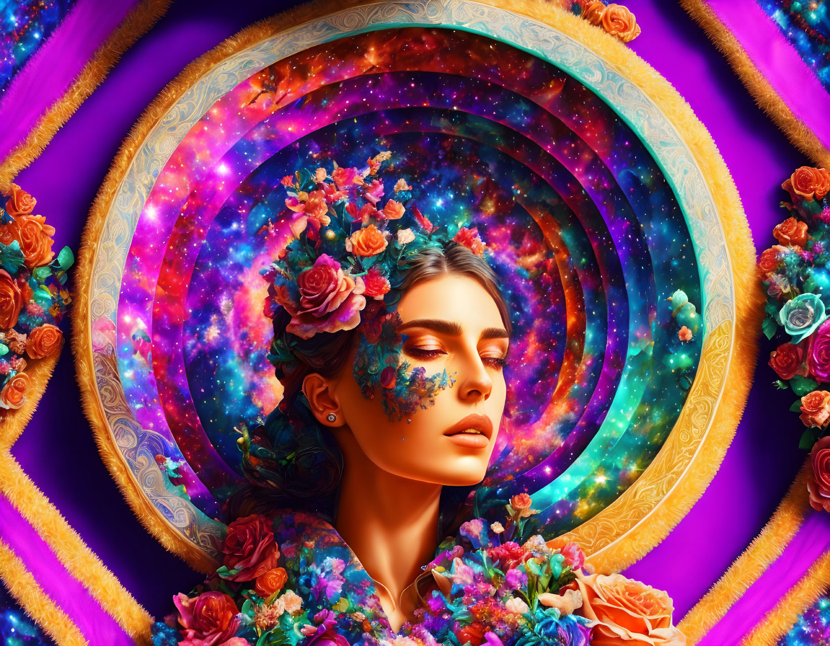 Surreal portrait of woman with floral and cosmic elements on vibrant circular background