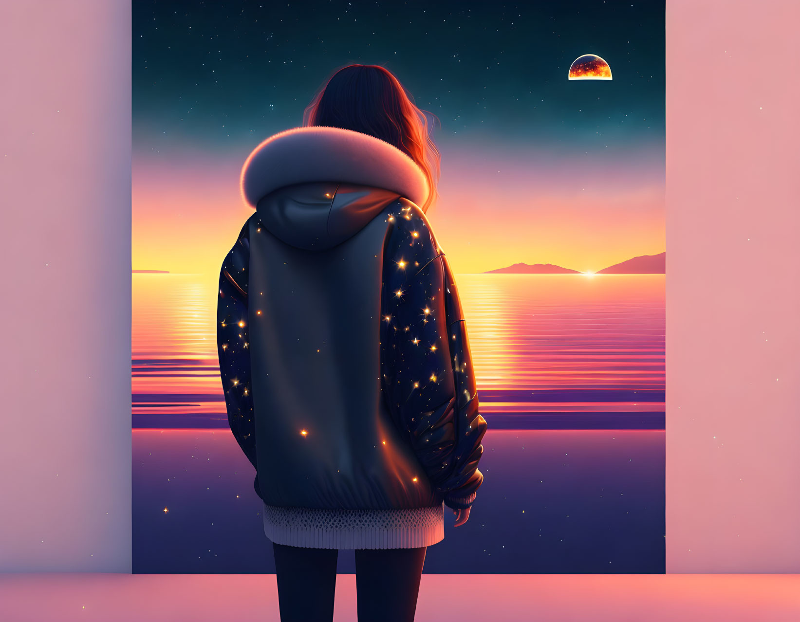 Person in starry jacket gazes at surreal ocean sunset with rising planet.