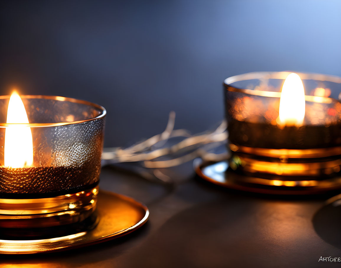 Warm Glow of Lit Candles in Glass Holders on Small Plates