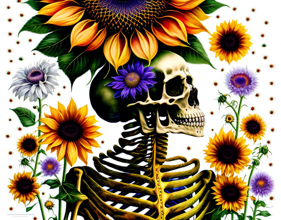 Colorful Human Skeleton with Skull Among Sunflowers and Daisies