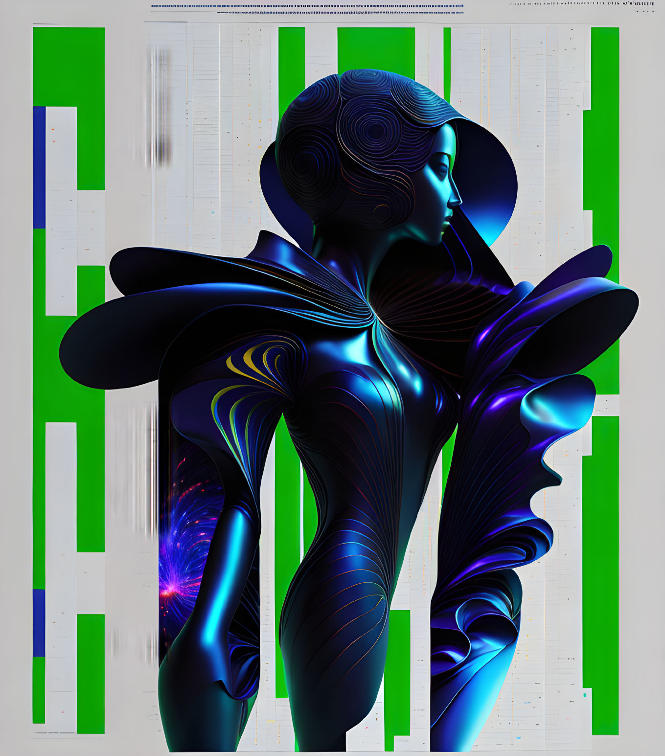 Abstract metallic female figure in futuristic digital art piece with blue-green hues and vertical green bars.