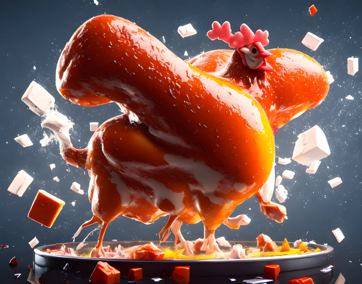 Vibrant 3D rendering of roasted chicken with flying vegetables and seasoning