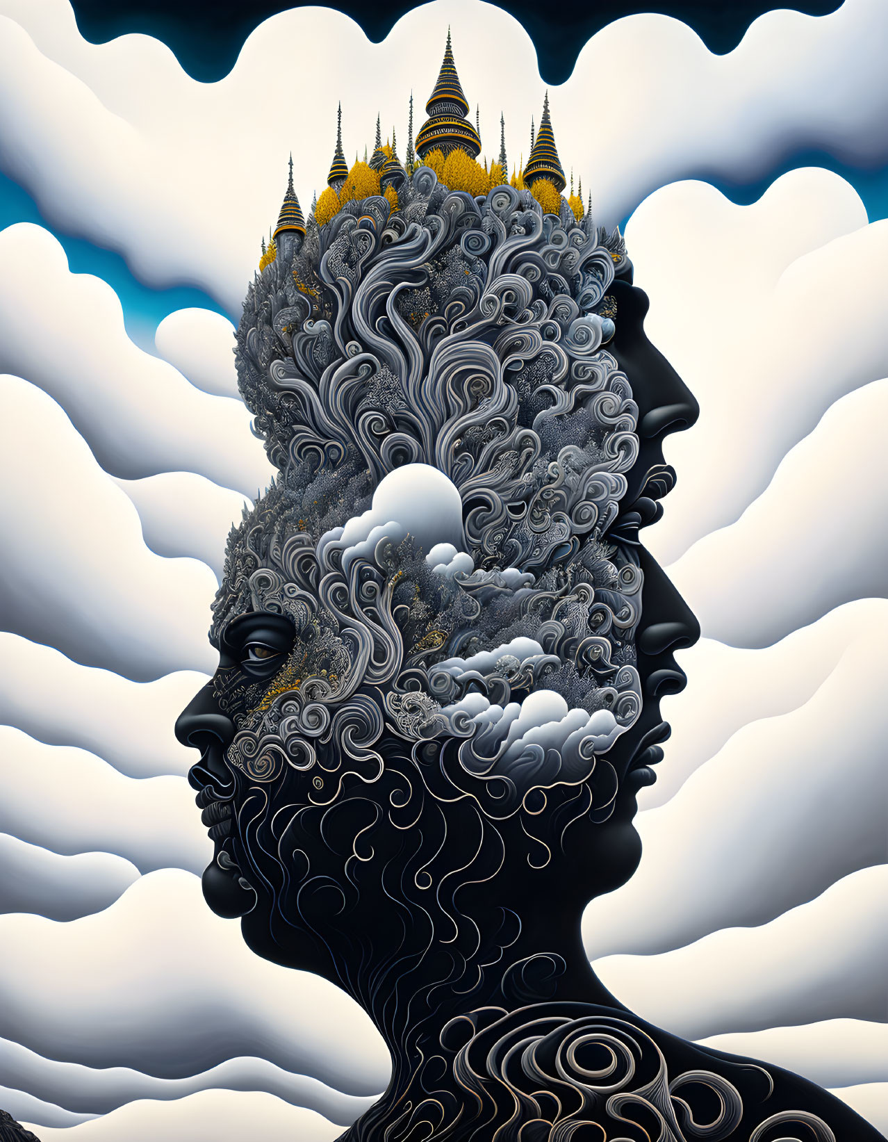 Surreal portrait with profile, ornate patterns, temples, clouds