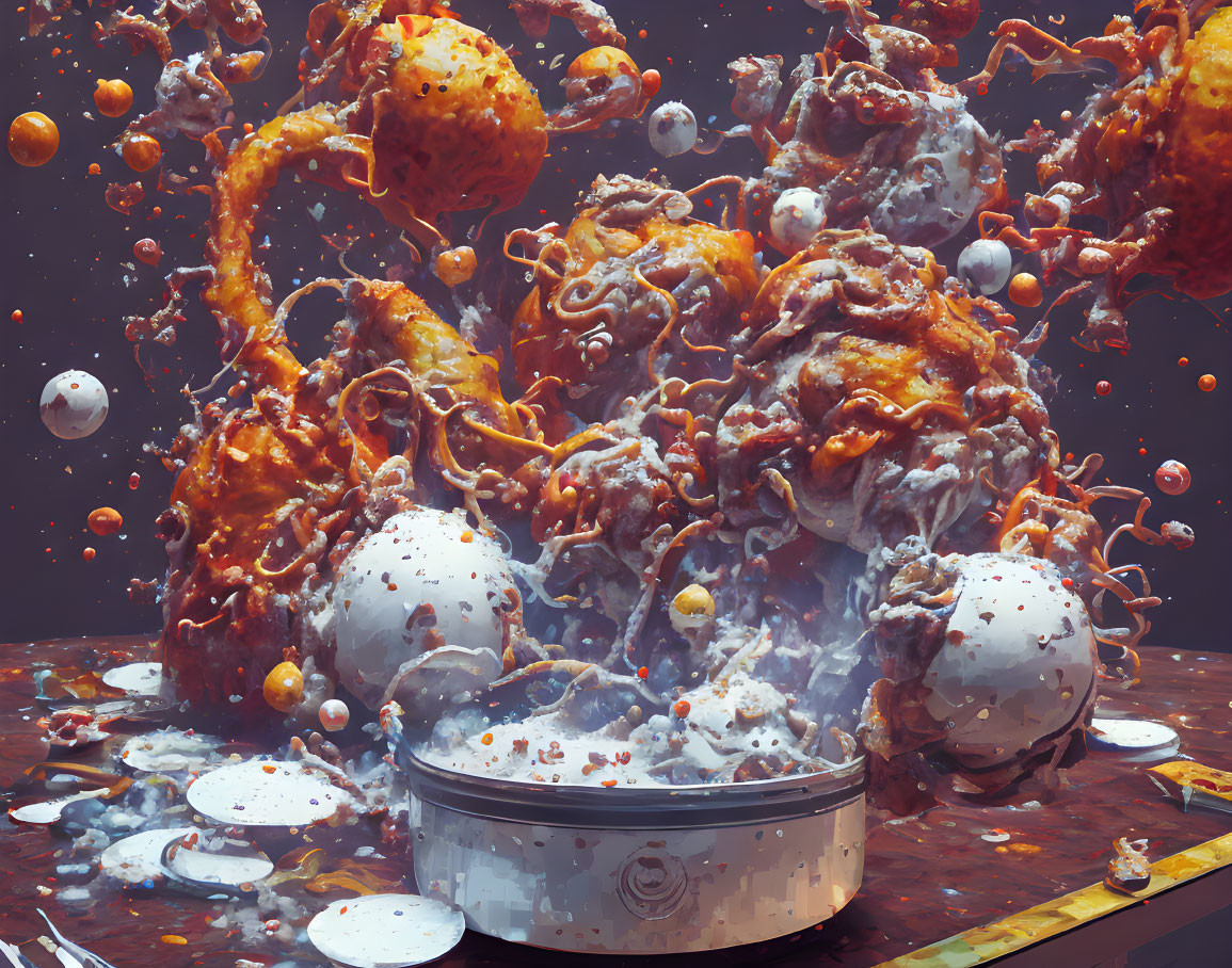 Colorful ice cream flavors exploding from container on brown backdrop