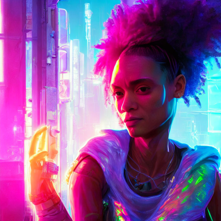 Vibrant purple afro woman holding glowing object in neon urban lights