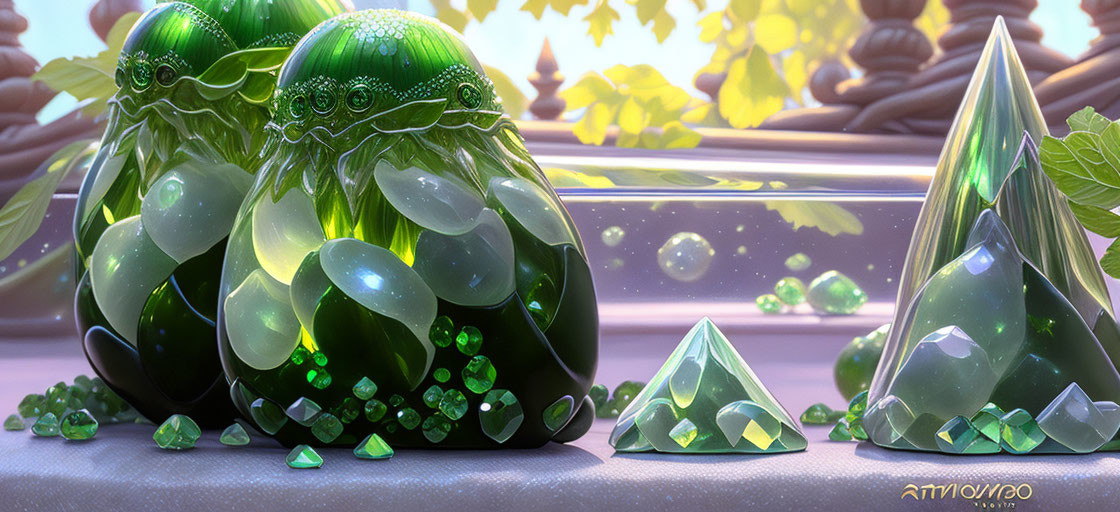 Green Gemstones and Crystals on Ornate Illuminated Background