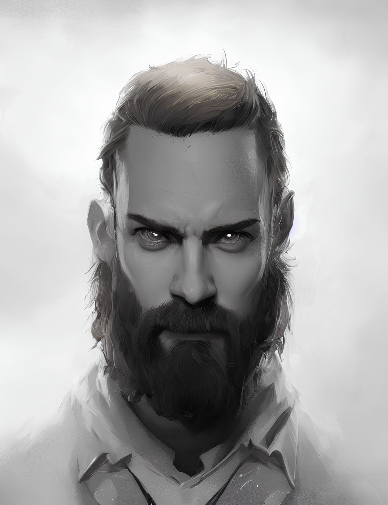 Monochromatic digital portrait of a bearded man with intense gaze and collared shirt