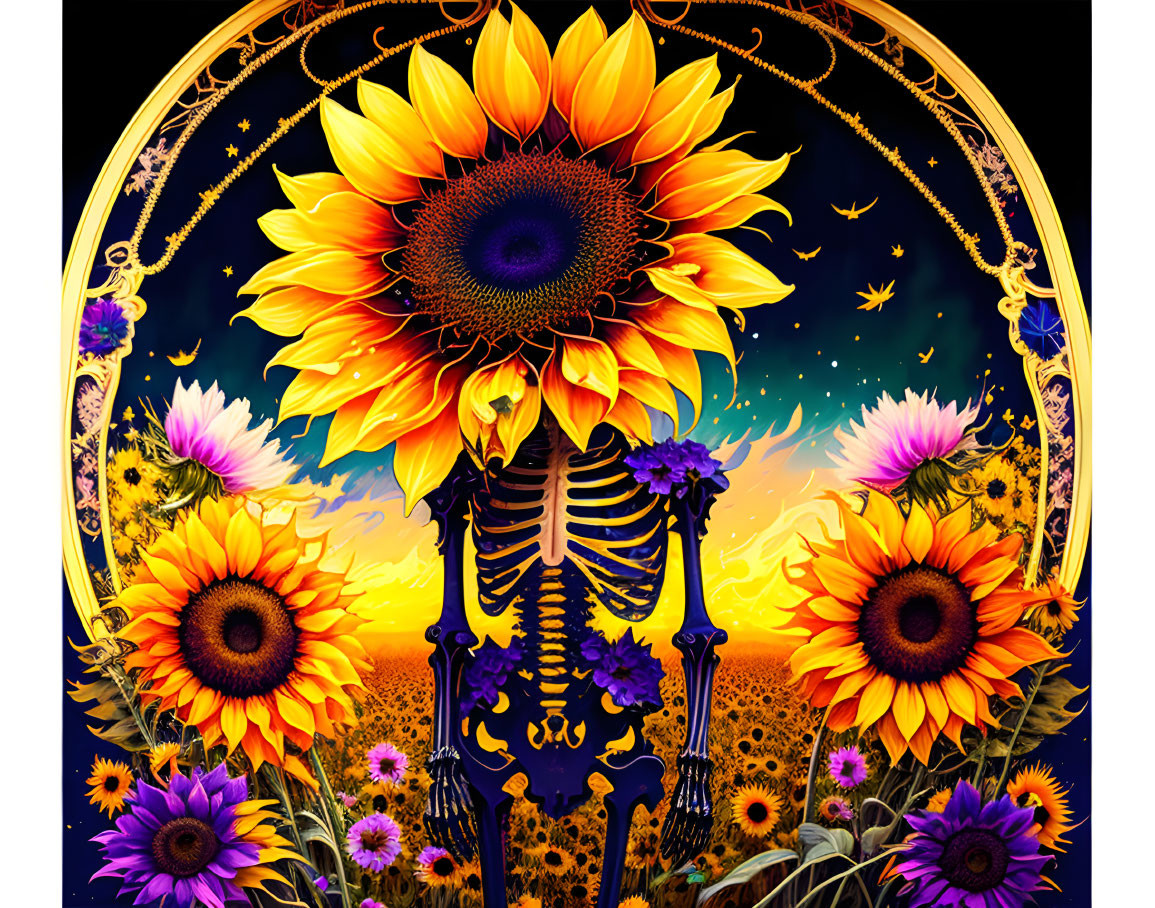 Colorful Skeleton with Sunflower Head in Sunflower Field Under Starry Night Sky