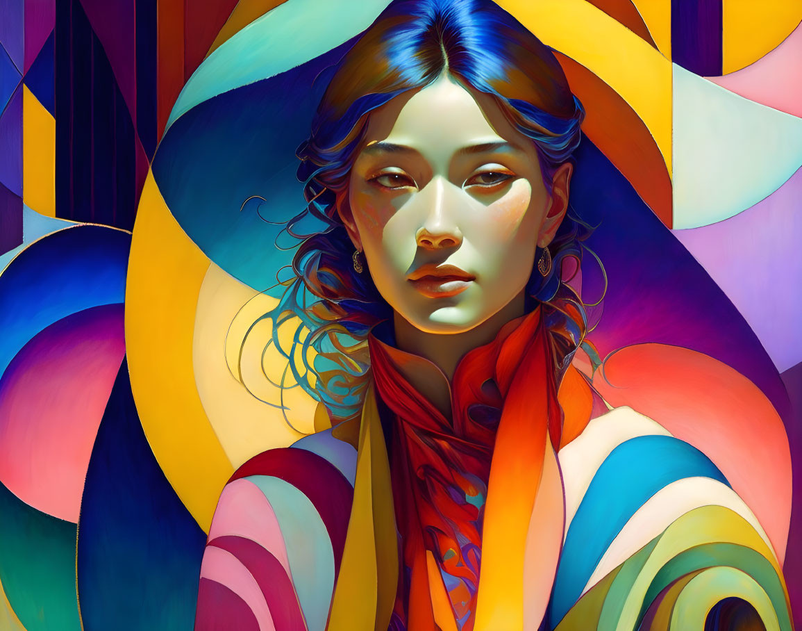 Colorful abstract portrait of a woman with flowing hair and vibrant scarf