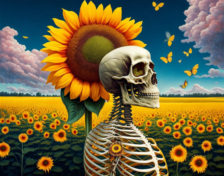 Human skull-headed skeletal figure in sunflower field with butterflies