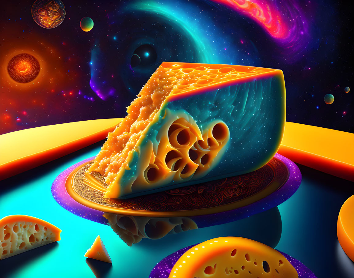 Surreal cosmic scene with vibrant cheese wedge on decorated plate