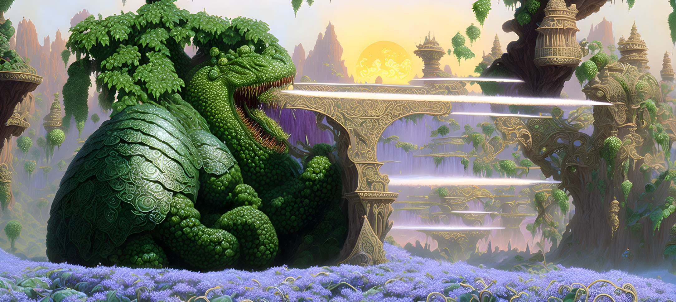 Enormous green dragon in fantastical landscape with ruins