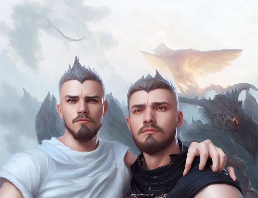 Men with similar features in black and white with fiery winged creature in misty mountainous backdrop